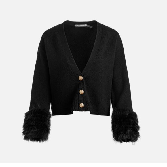 Alice and Olivia Bradley Faux Fur Cuff Wool Blend Crop Cardigan - Picture 6 of 12